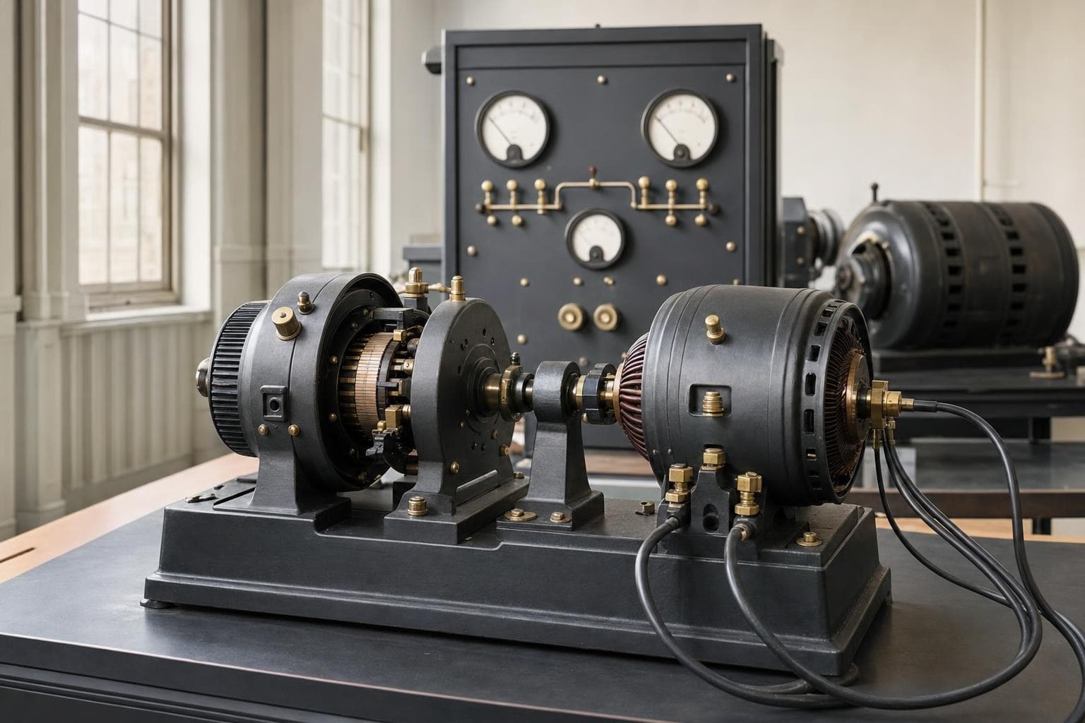 Electrical machines bench with a DC motor-generator set and control panel