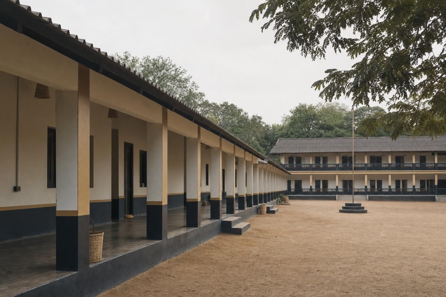 Residential tribal school building with classroom wings around an open courtyard