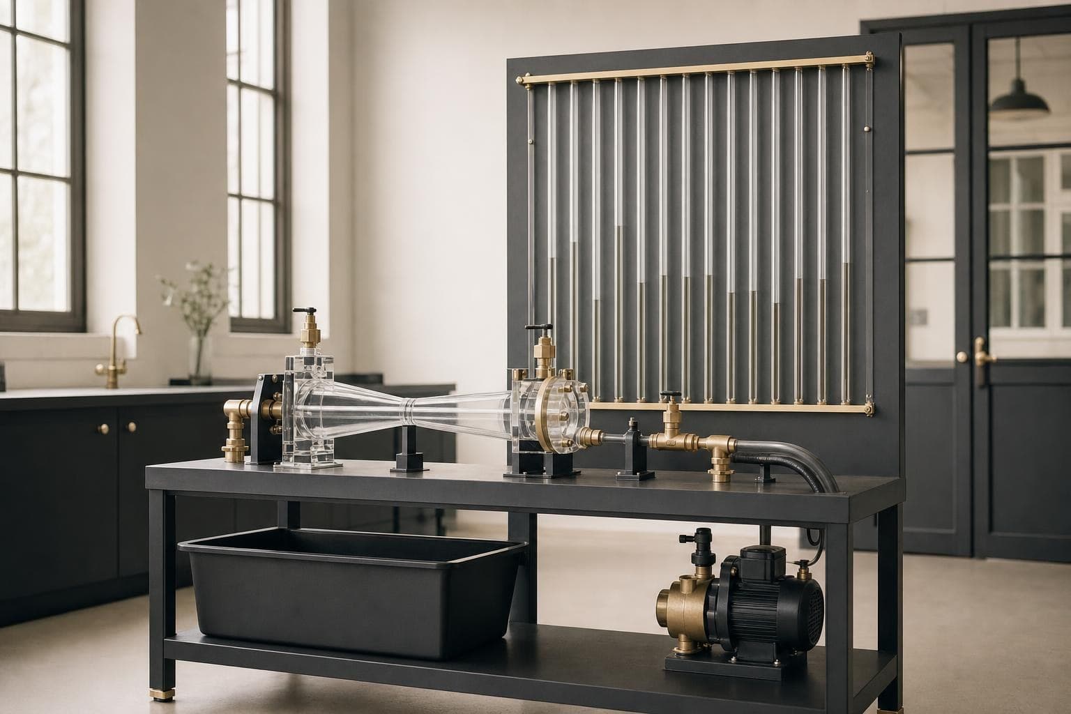 Fluid mechanics flow bench with a manometer board in a chemical engineering laboratory