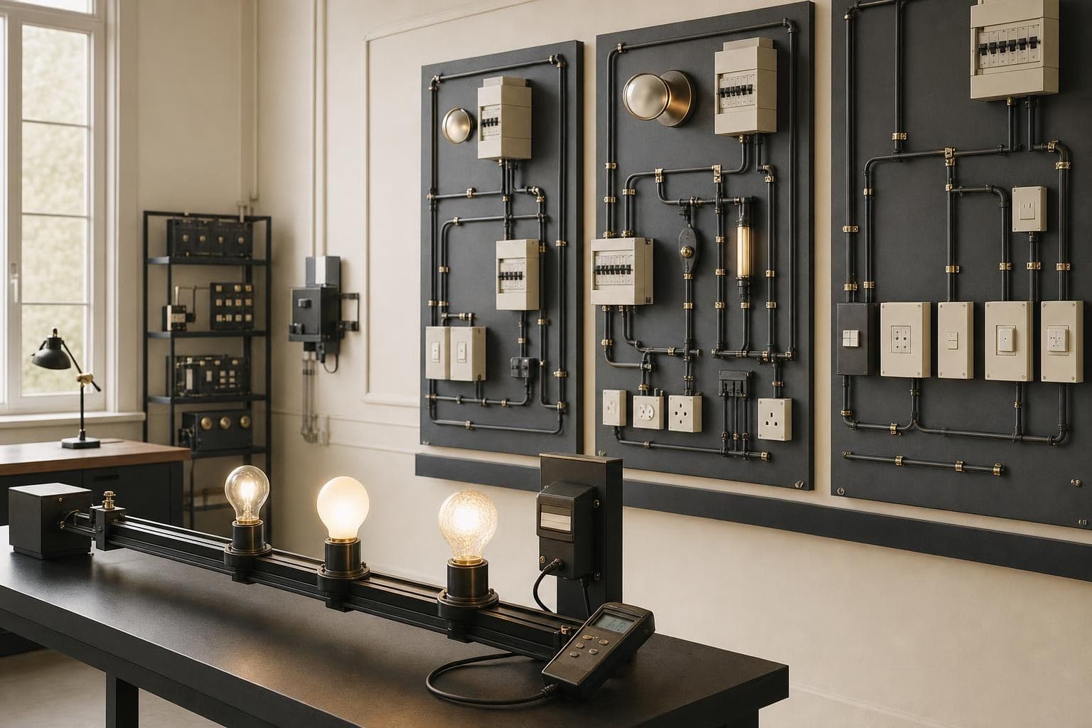 Illumination and wiring practice laboratory with lamp test boards