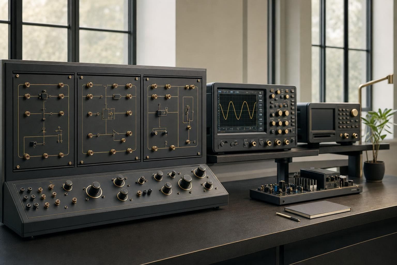 Power electronics trainer modules with an oscilloscope in an electrical laboratory