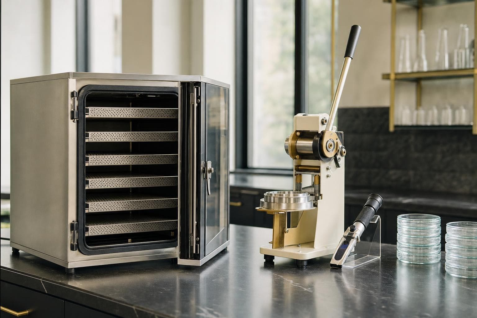 Laboratory tray dryer and quality-testing instruments in a food technology laboratory