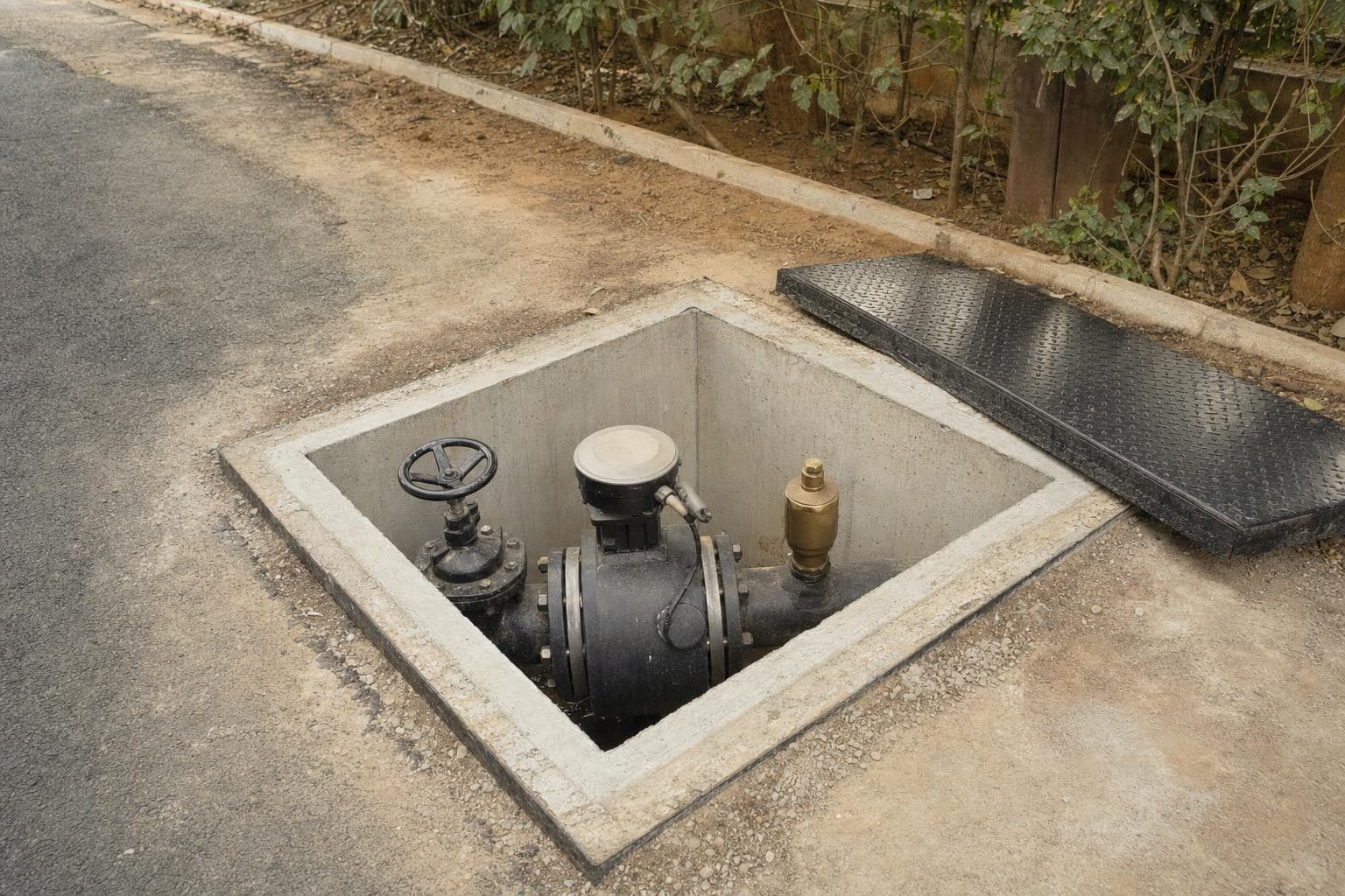 Distribution network valve chamber and bulk flow meter for a water scheme