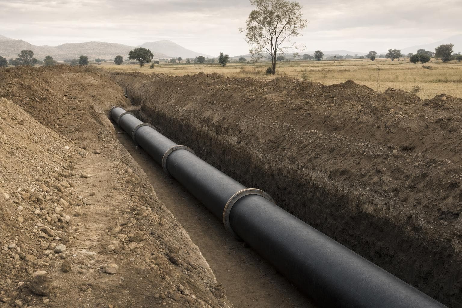 Ductile iron water main being laid in a trench through farmland