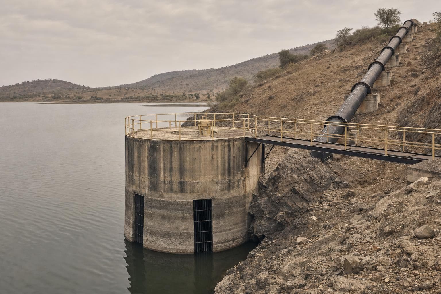 Jackwell and rising main intake structure beside a river source